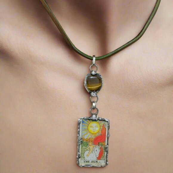 Tarot Card Mixed Media & Artisan Metalwork Tiger Eye Pendant Leather Necklace - Picture 7 of 11